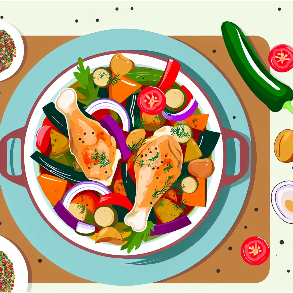 Fırında sebzeli tavuk yemeğinin renkli servis tablosu